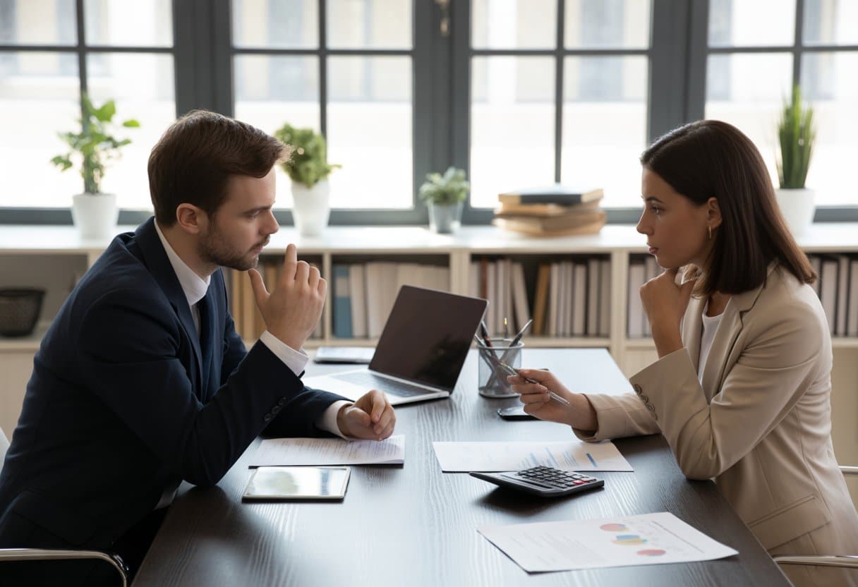 Twee zakelijke mensen bespreken documenten aan een bureau in een kantooromgeving.