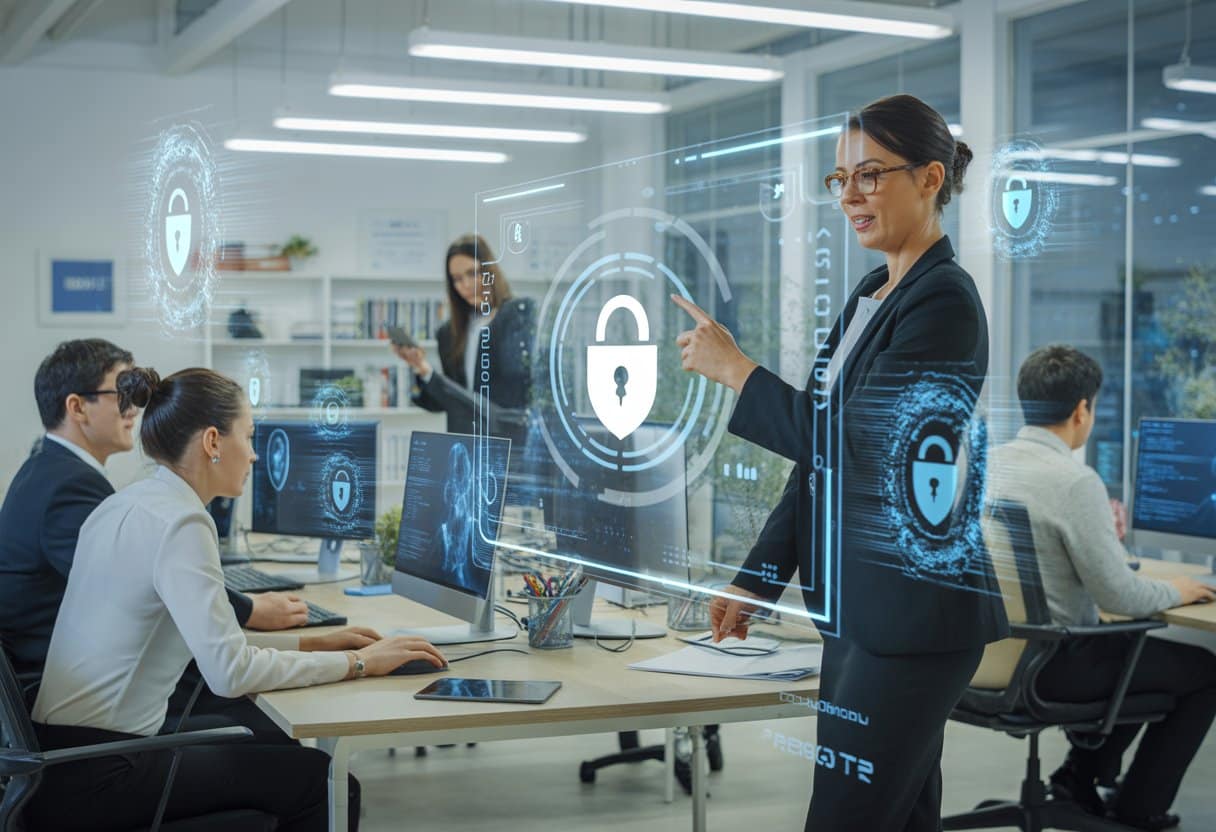 Werknemers in een modern kantoor werken samen aan computers met digitale beveiligingssymbolen op het scherm.