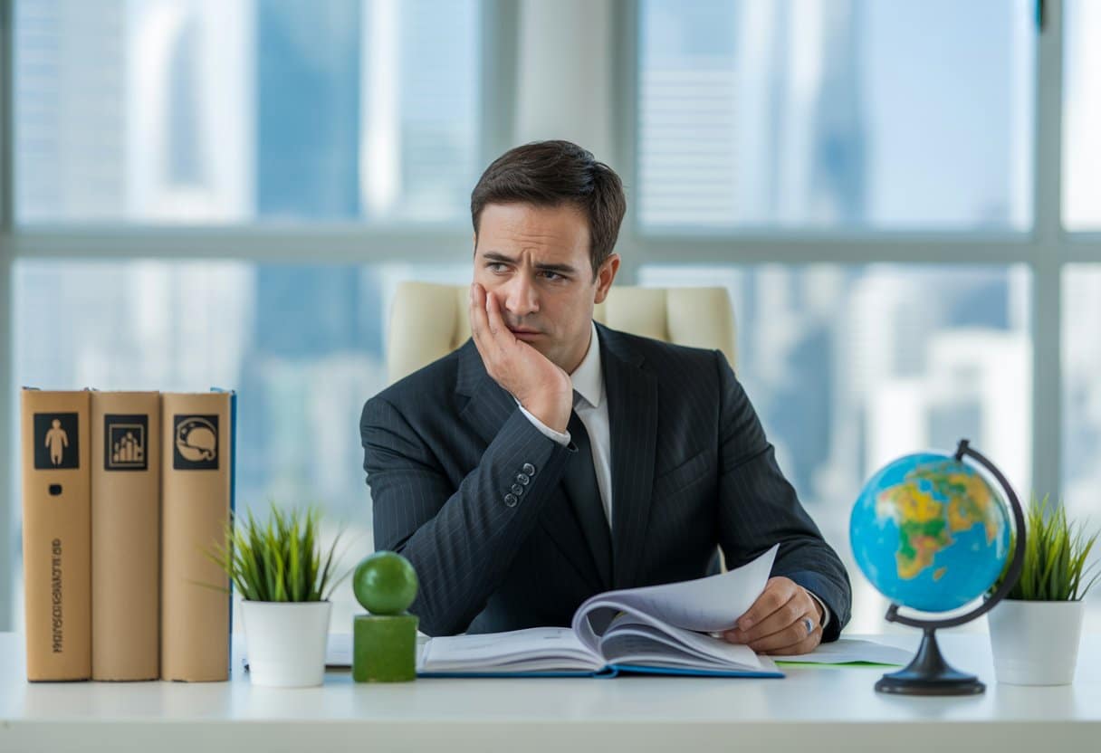 Een serieuze bestuurder in een modern kantoor kijkt nadenkend naar documenten over milieuregels, met groene planten en symbolen voor milieu en recht op het bureau.