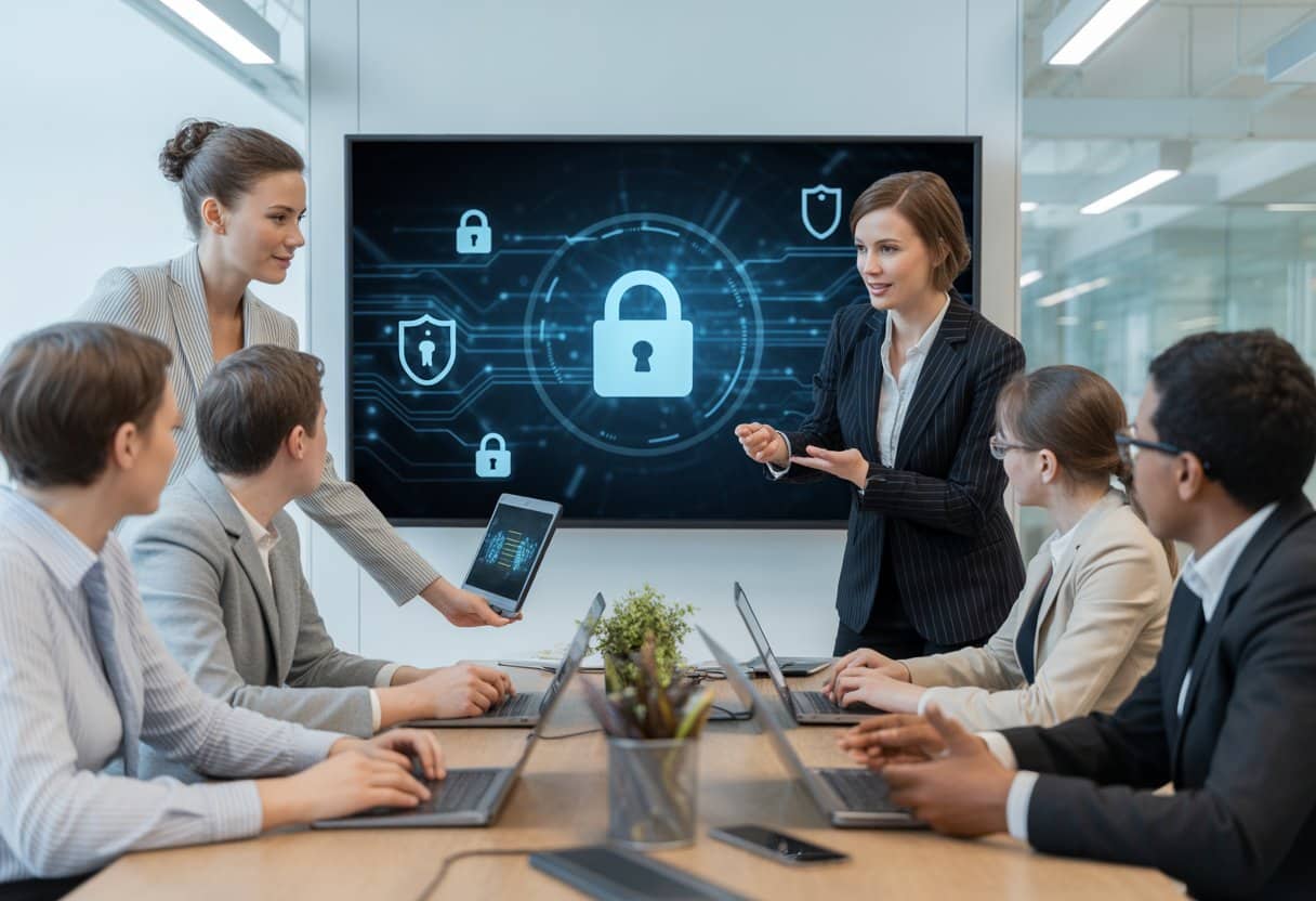 Een groep werknemers in een modern kantoor luistert naar een vrouw die uitleg geeft over cyberbeveiliging, met digitale beveiligingssymbolen op een scherm op de achtergrond.