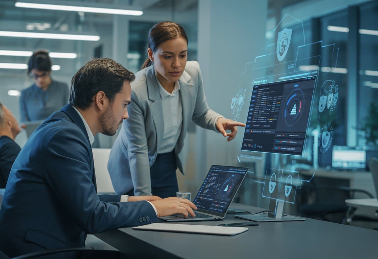 Medewerkers in een modern kantoor werken samen aan digitale beveiliging en cyberrisico's.