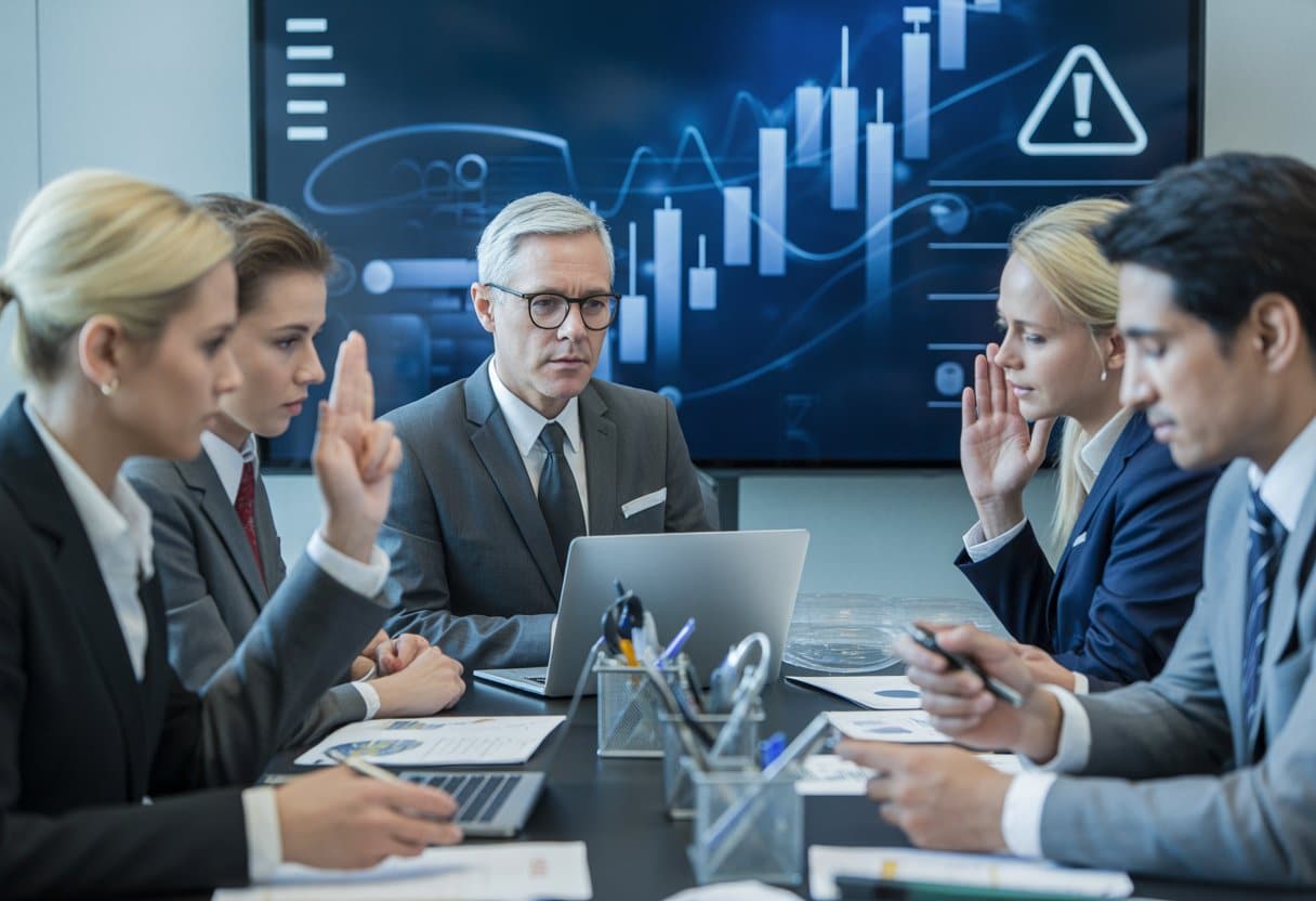 Een groep zakelijke professionals in een kantoor bespreekt financiële documenten rondom een tafel, met financiële grafieken op een scherm op de achtergrond.