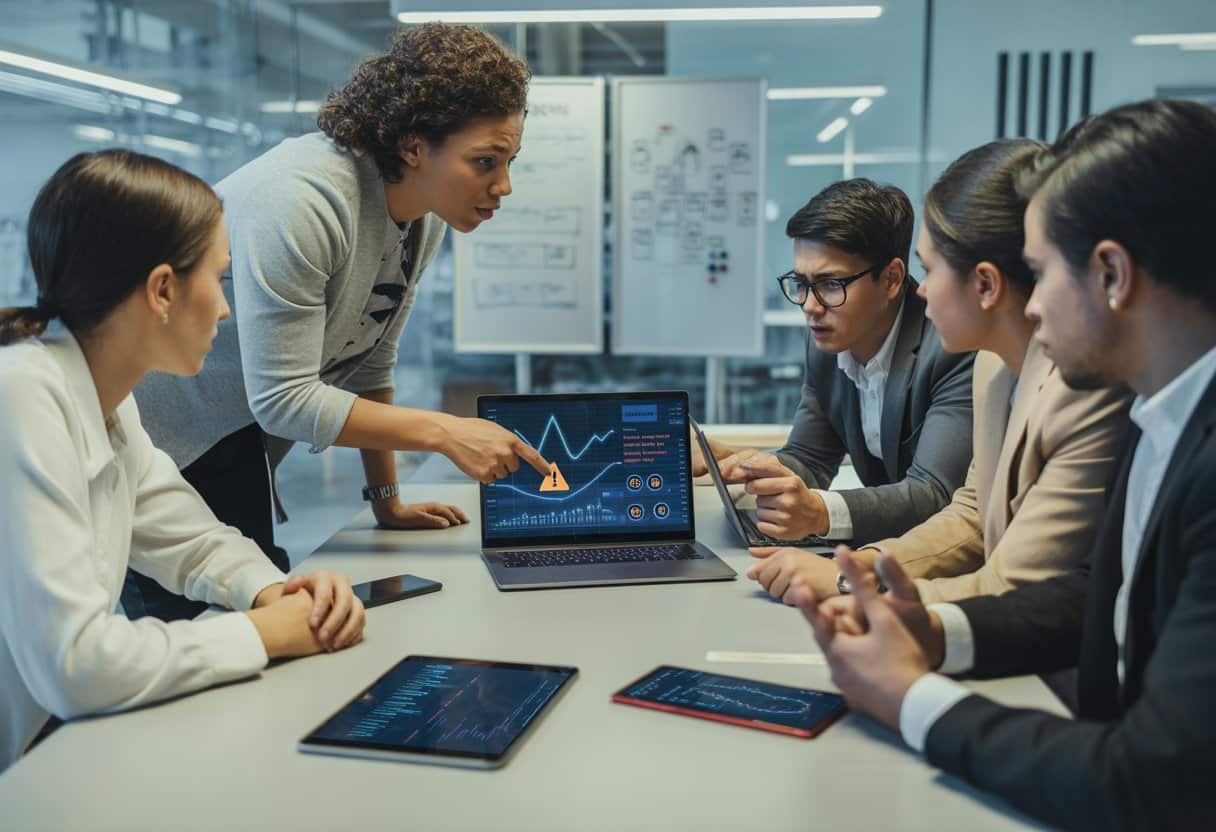 Een groep jonge professionals in een moderne kantoorruimte bespreekt serieus iets bij een laptop.