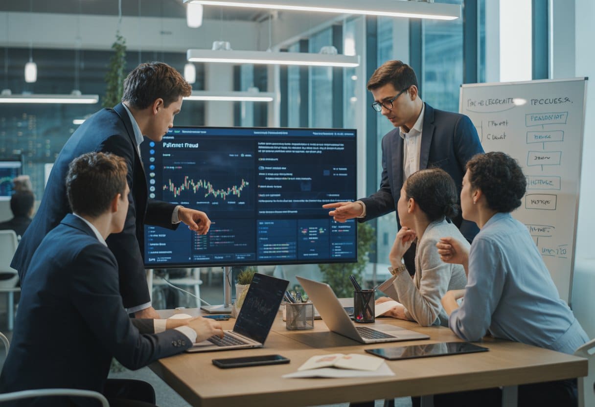Een team jonge professionals in een modern kantoor bespreekt stappen na het ontdekken van internetfraude, met een digitaal scherm en laptops.