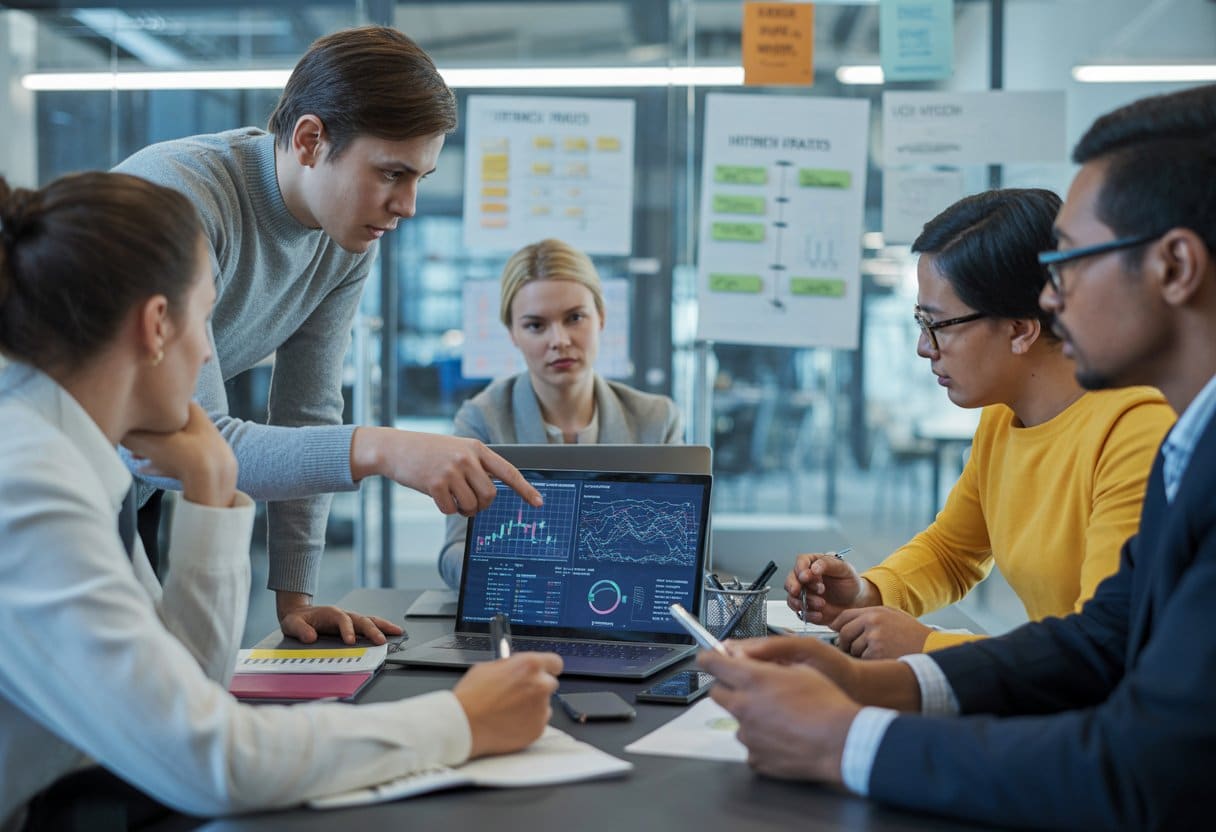 Een groep jonge professionals bespreekt internetfraude in een start-up kantoor rond een tafel met een laptop en notities.