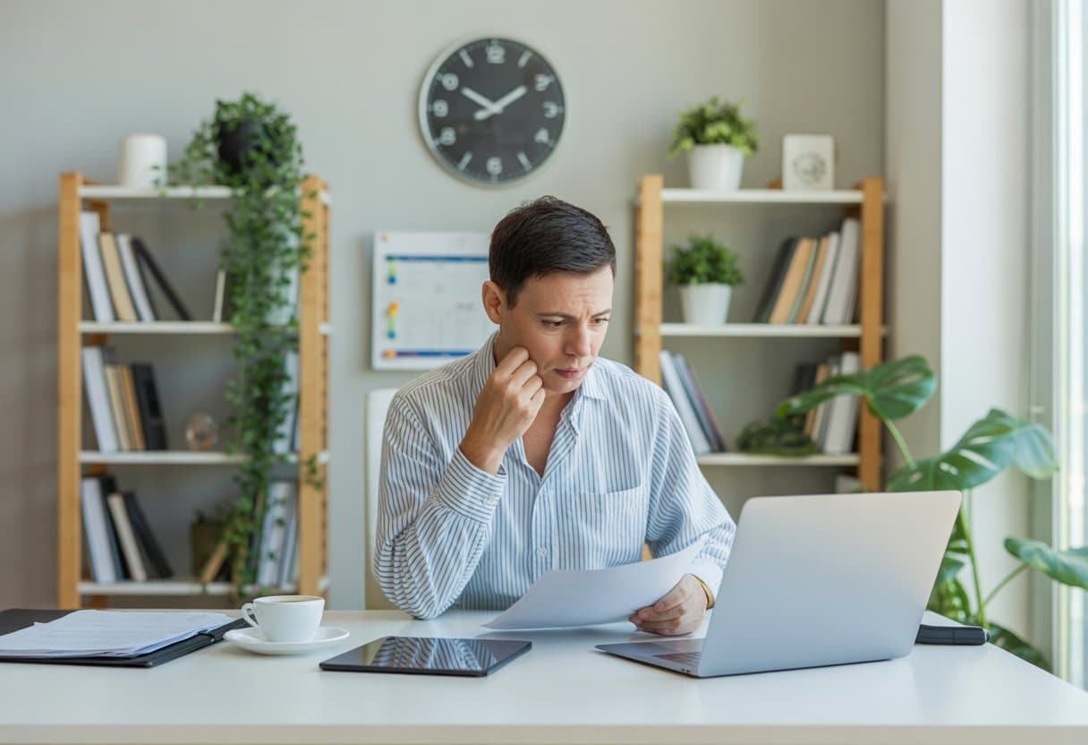 Een volwassene werkt thuis aan een bureau met een laptop en documenten, terwijl een klok aan de muur de werktijd aangeeft.