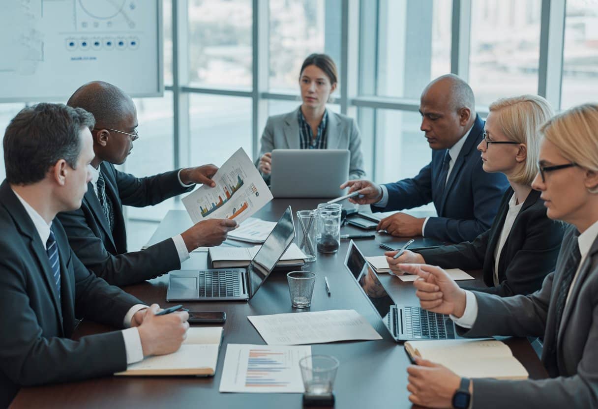 Samenloop van bestuurlijke en strafrechtelijke sancties: praktijk en rechtsbescherming 1 Een groep juridische professionals en overheidsfunctionarissen in een vergaderruimte, die een formele bespreking voeren over juridische sancties.
