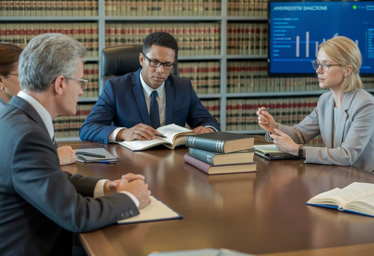 Samenloop van bestuurlijke en strafrechtelijke sancties: praktijk en rechtsbescherming 2 Een groep professionals in een kantoor bespreekt juridische en bestuurlijke documenten rondom een tafel.