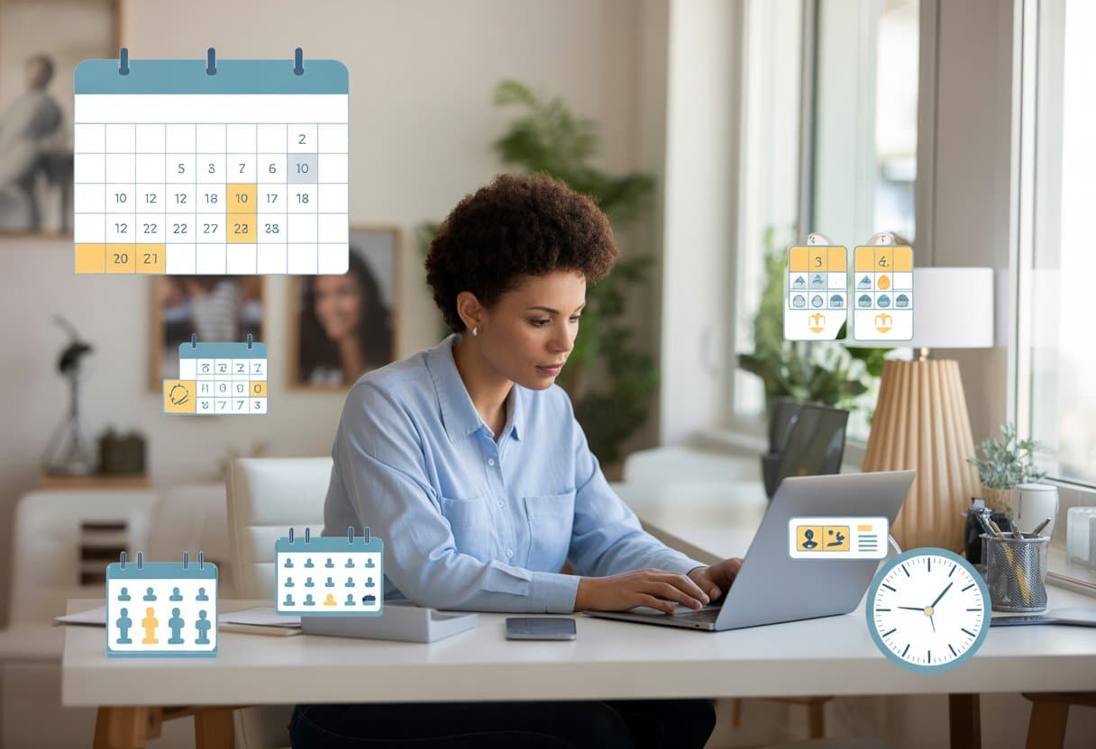 Een werknemer die thuis aan een bureau werkt met een laptop, een klok en een kalender op de achtergrond, die thuiswerken en arbeidstijden symboliseren.