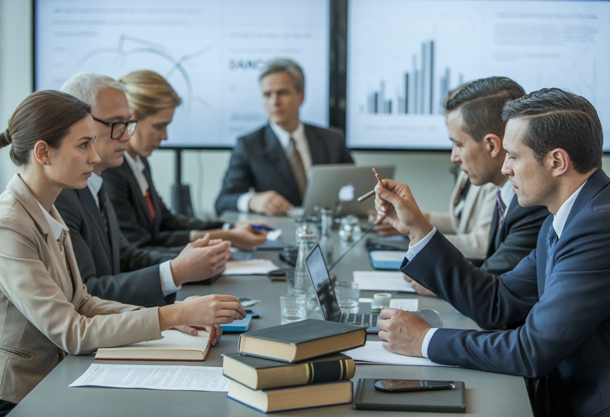 Samenloop van bestuurlijke en strafrechtelijke sancties: praktijk en rechtsbescherming 3 Een formele vergadering met twee groepen professionals die een serieuze discussie voeren in een moderne vergaderruimte met documenten en laptops op tafel.