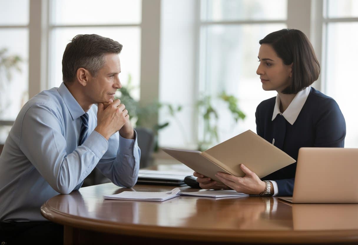 Twee mensen in een kantoor voeren een serieus gesprek over werkgerelateerde verplichtingen na langdurige ziekte.