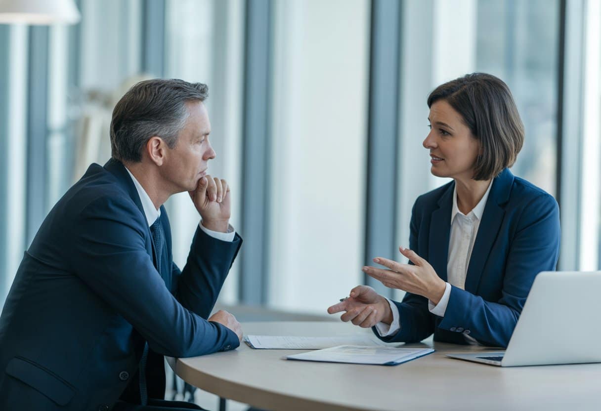Een werknemer en een HR-manager zitten tegenover elkaar aan een tafel in een kantoor en voeren een serieus gesprek.