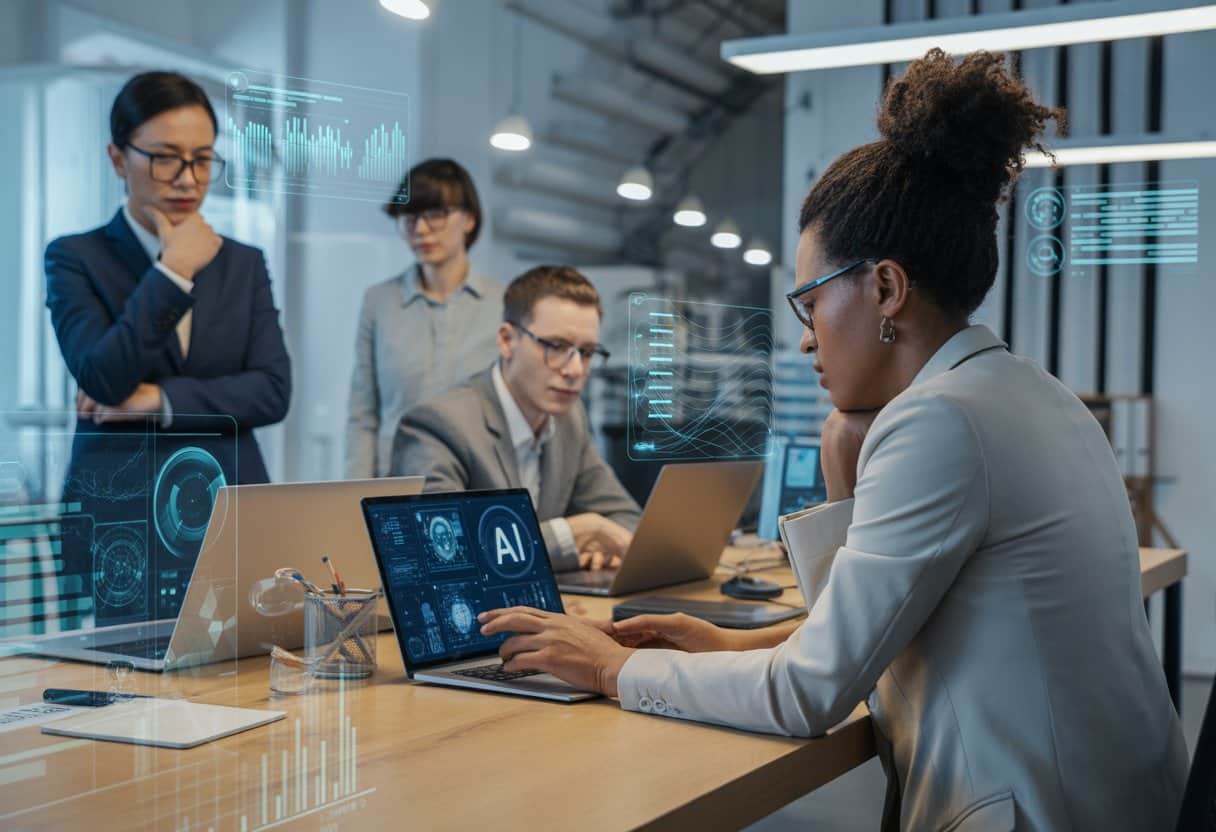 Gebruik van AI-tools door werknemer: risico’s voor de werkgever en mogelijke aansprakelijkheid 1 Een werknemer gebruikt een laptop met AI-gegevens terwijl een werkgever bezorgd toekijkt in een moderne kantooromgeving.
