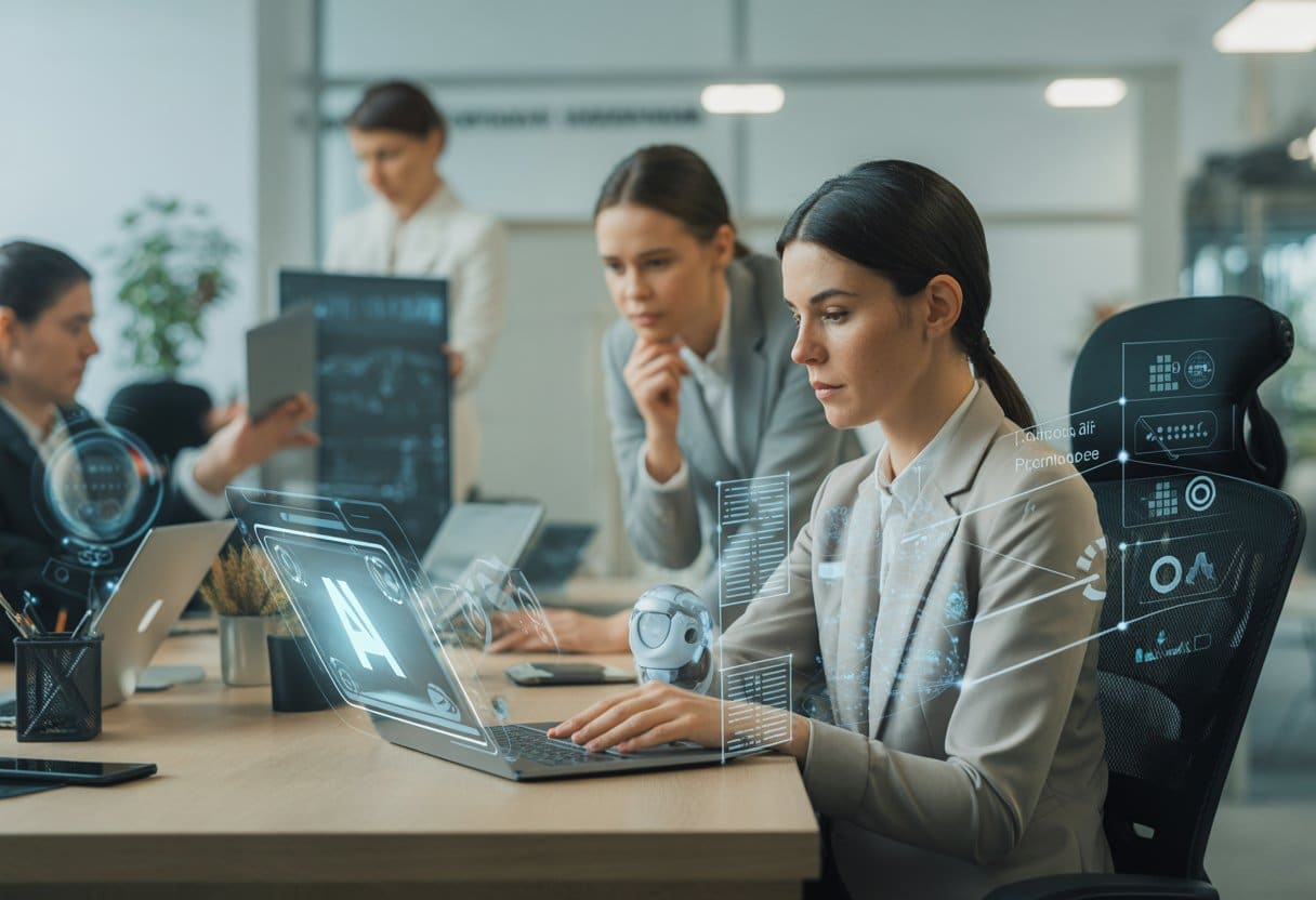 Gebruik van AI-tools door werknemer: risico’s voor de werkgever en mogelijke aansprakelijkheid 2 Een moderne kantoorruimte waar werknemers AI-tools gebruiken op hun computers en een manager toekijkt.