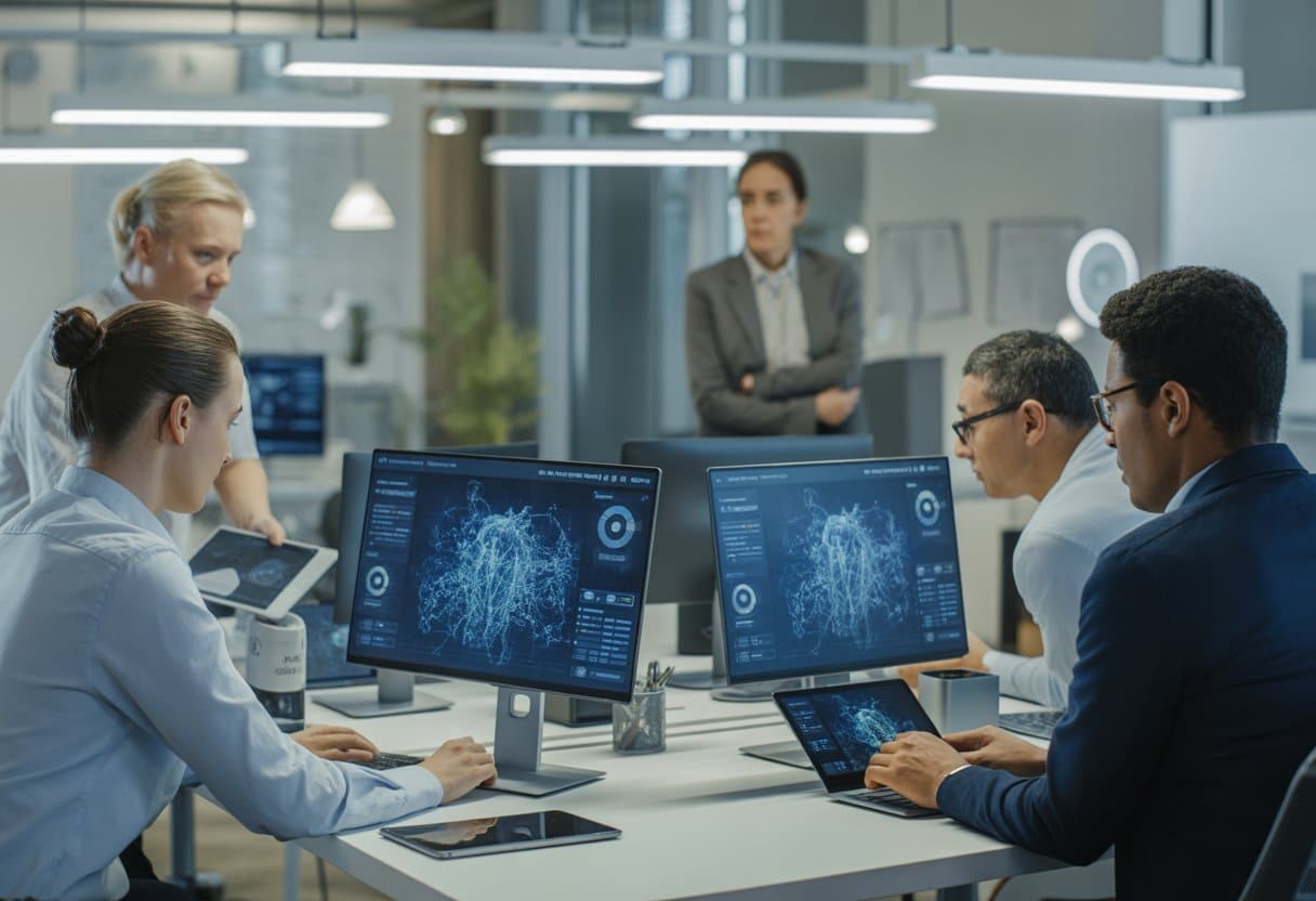 Gebruik van AI-tools door werknemer: risico’s voor de werkgever en mogelijke aansprakelijkheid 3 Een moderne kantoorruimte met diverse werknemers die AI-tools gebruiken op computers, terwijl een manager hen observeert.