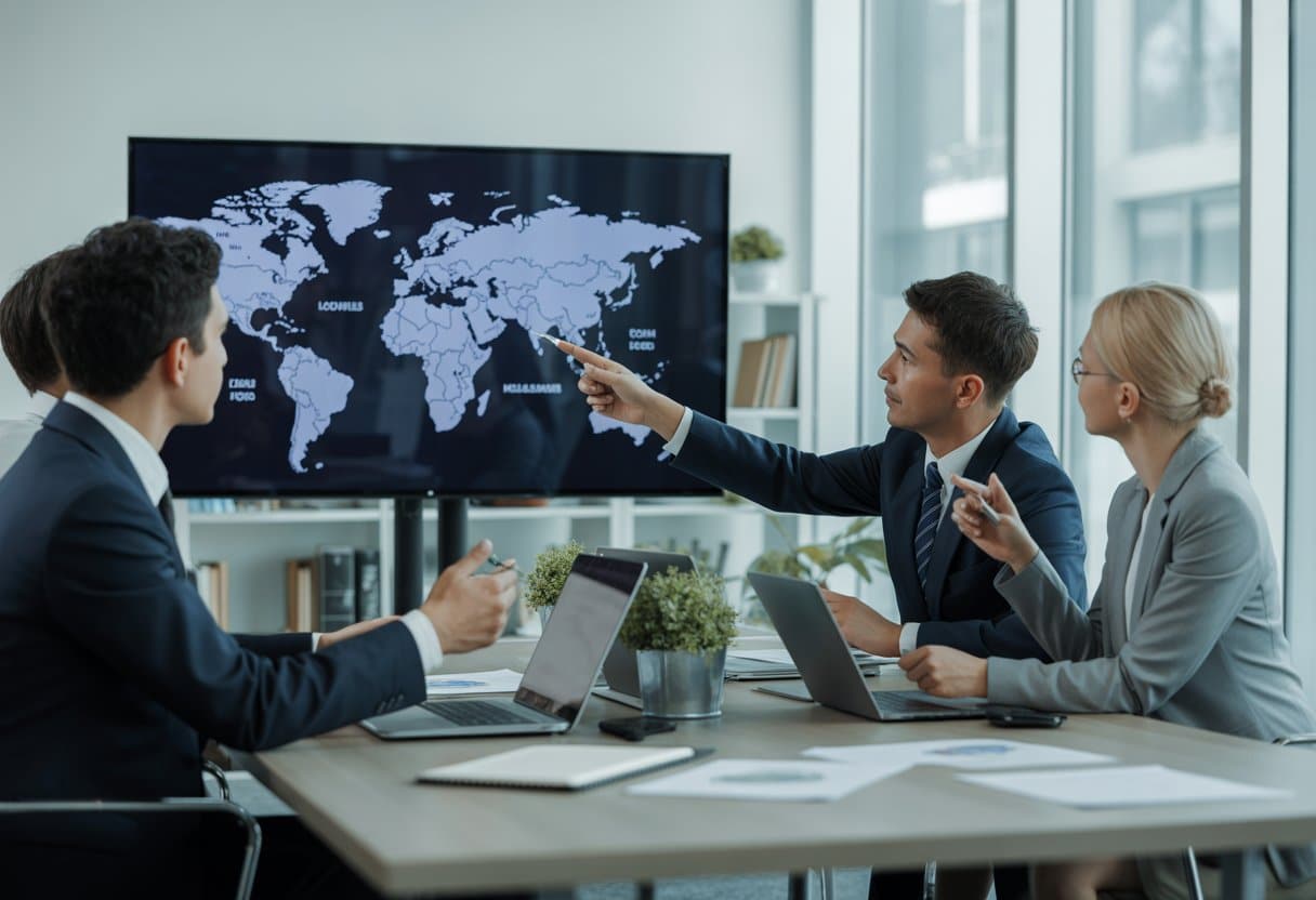 Een zakelijke vergadering in een modern kantoor met professionals die een wereldkaart op een scherm bekijken en over internationale vestigingen praten.