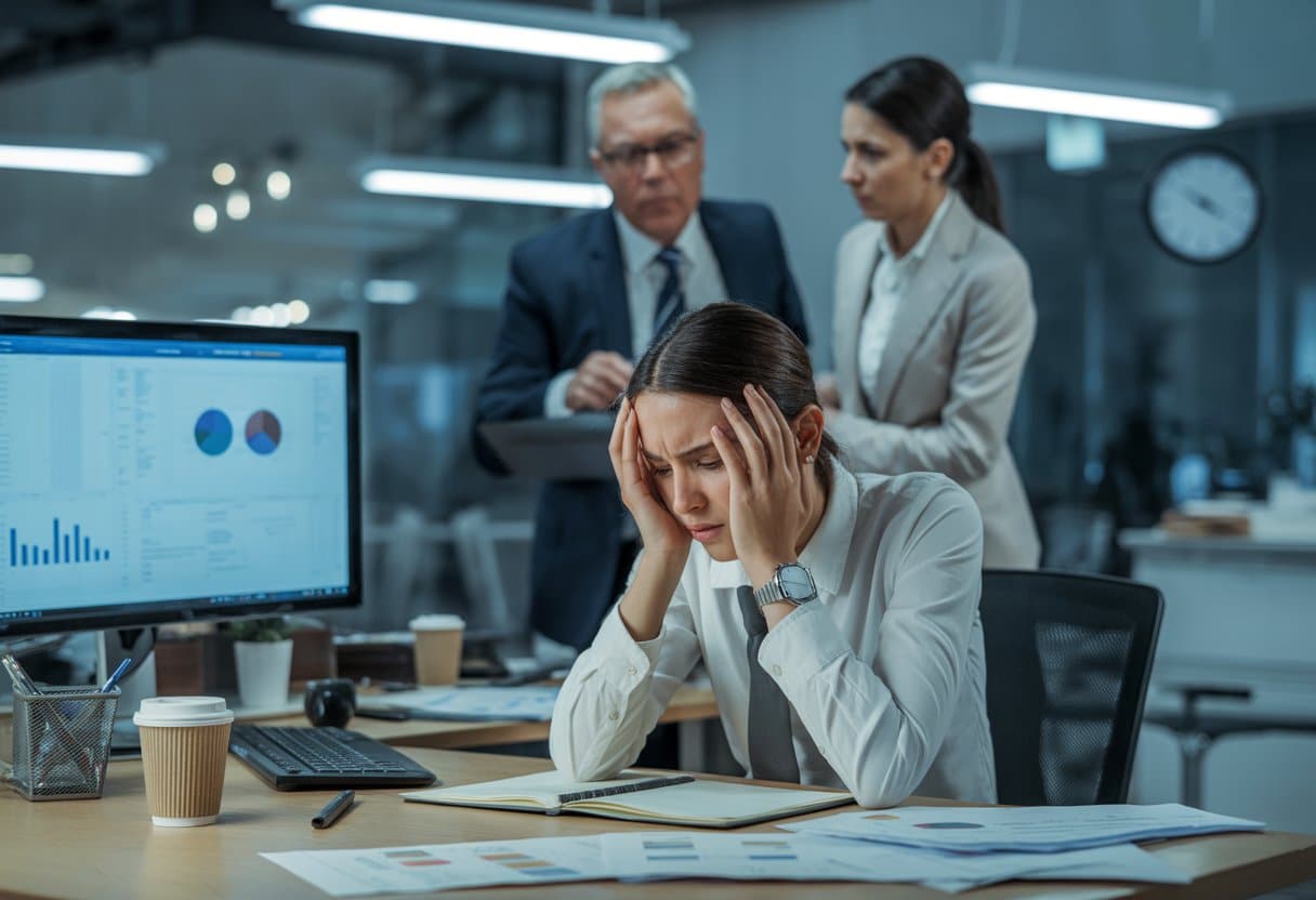 Een gespannen werknemer zit aan een bureau met stapels papier, terwijl een werkgever in gesprek is met een collega in een moderne kantooromgeving.