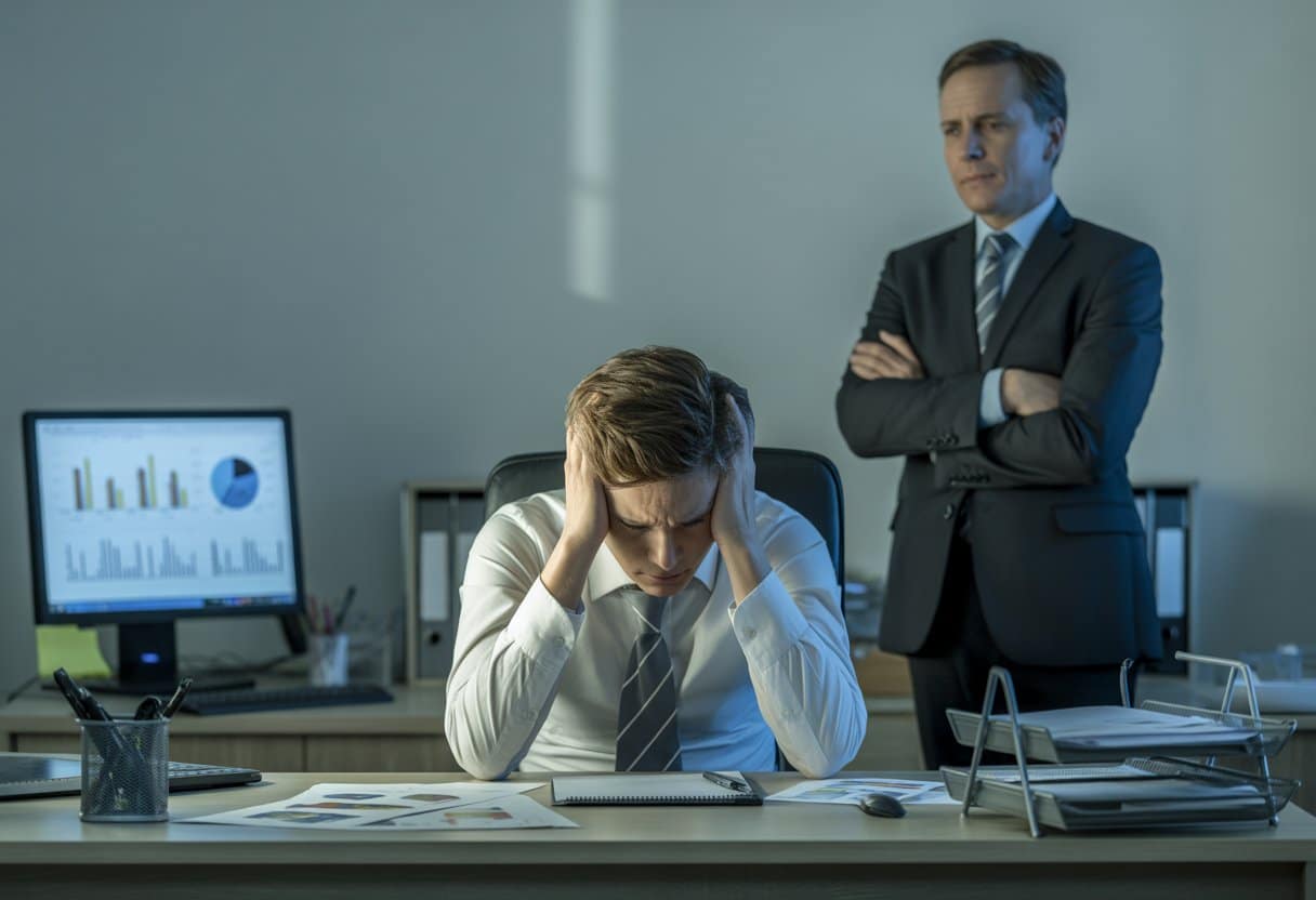 Een gespannen werknemer zit aan een bureau met het hoofd in de handen, terwijl een werkgever op de achtergrond toekijkt.
