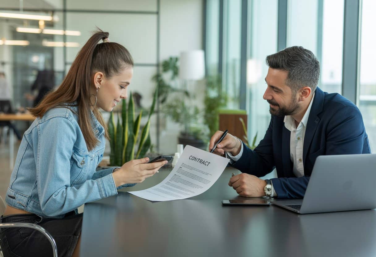 Twee mensen zitten aan een tafel in een kantoor en bespreken een contract, een van hen heeft een smartphone vast.