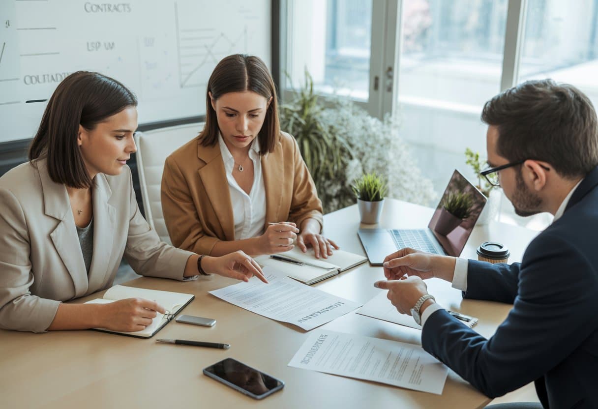 Drie professionals zitten aan een vergadertafel en bespreken een contract in een kantoorruimte met veel licht.