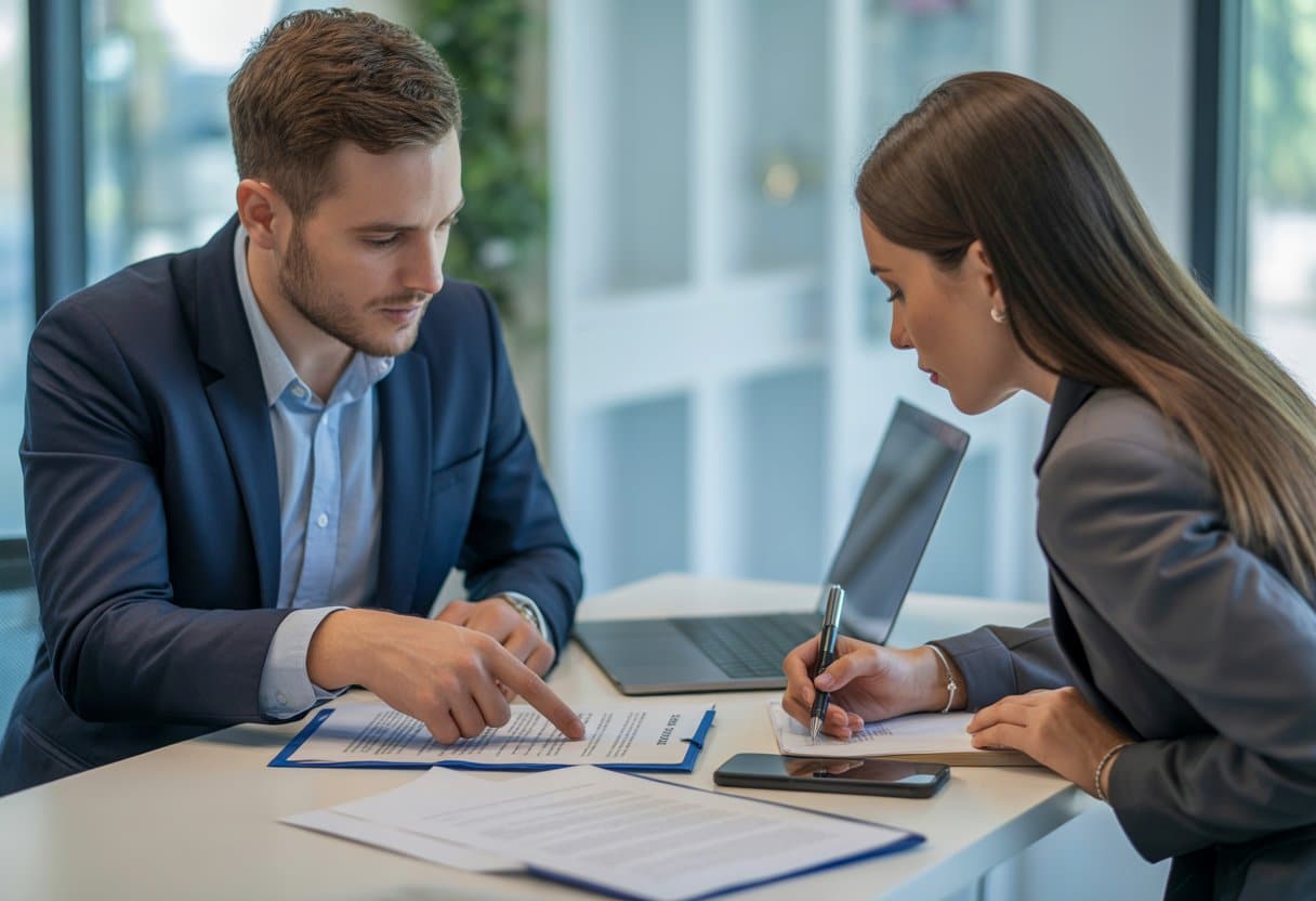 Twee zakelijke professionals bespreken contracten in een modern kantoor, met documenten en een laptop op tafel.