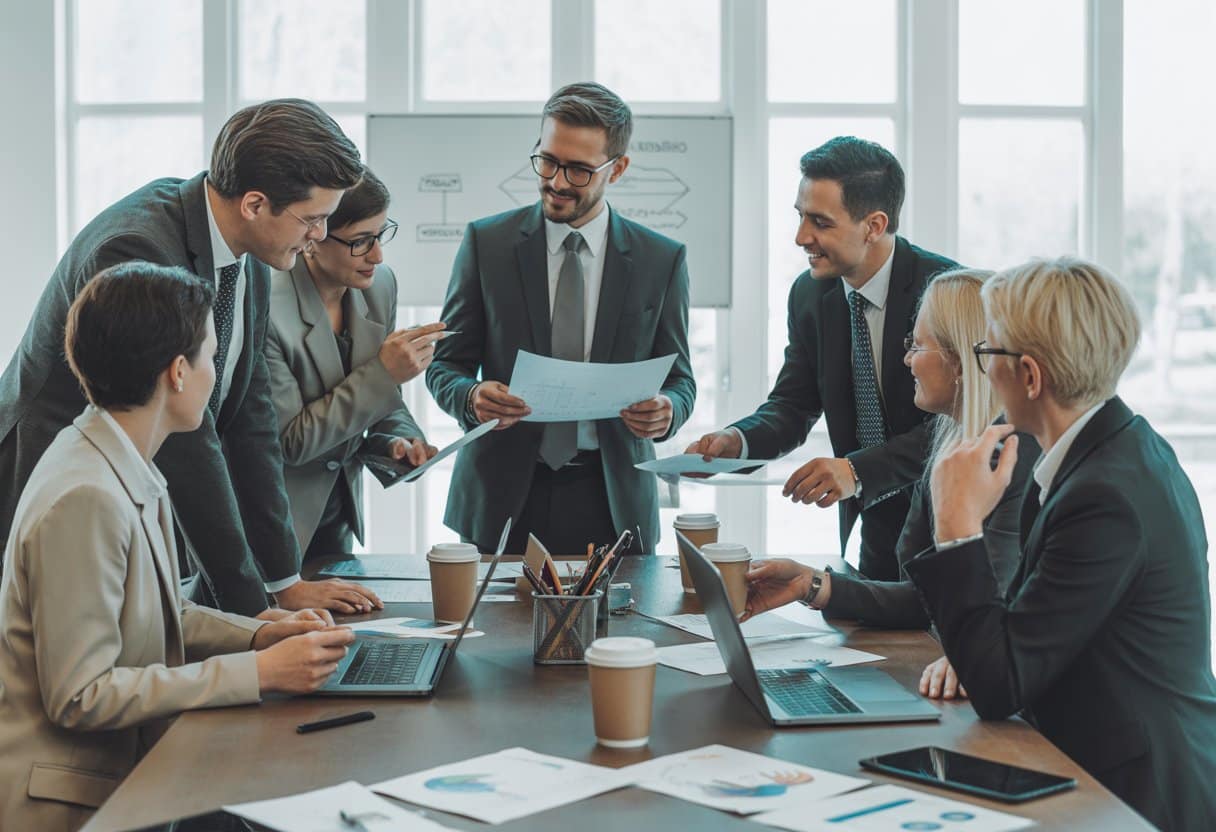 Een diverse groep zakelijke professionals die samen aan een tafel in een kantoor overleggen.