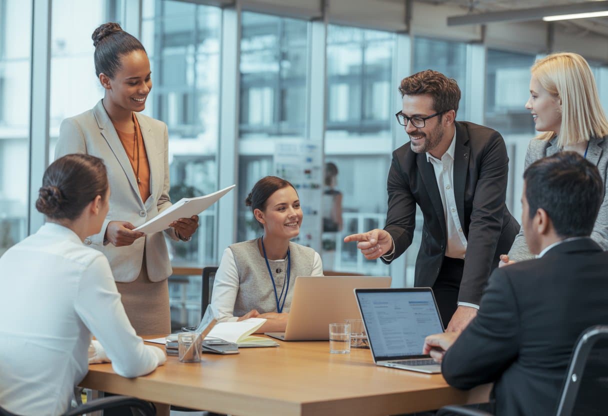 Een groep werknemers en HR-medewerkers in een vergaderruimte, in gesprek over interne mobiliteit en reorganisatie.