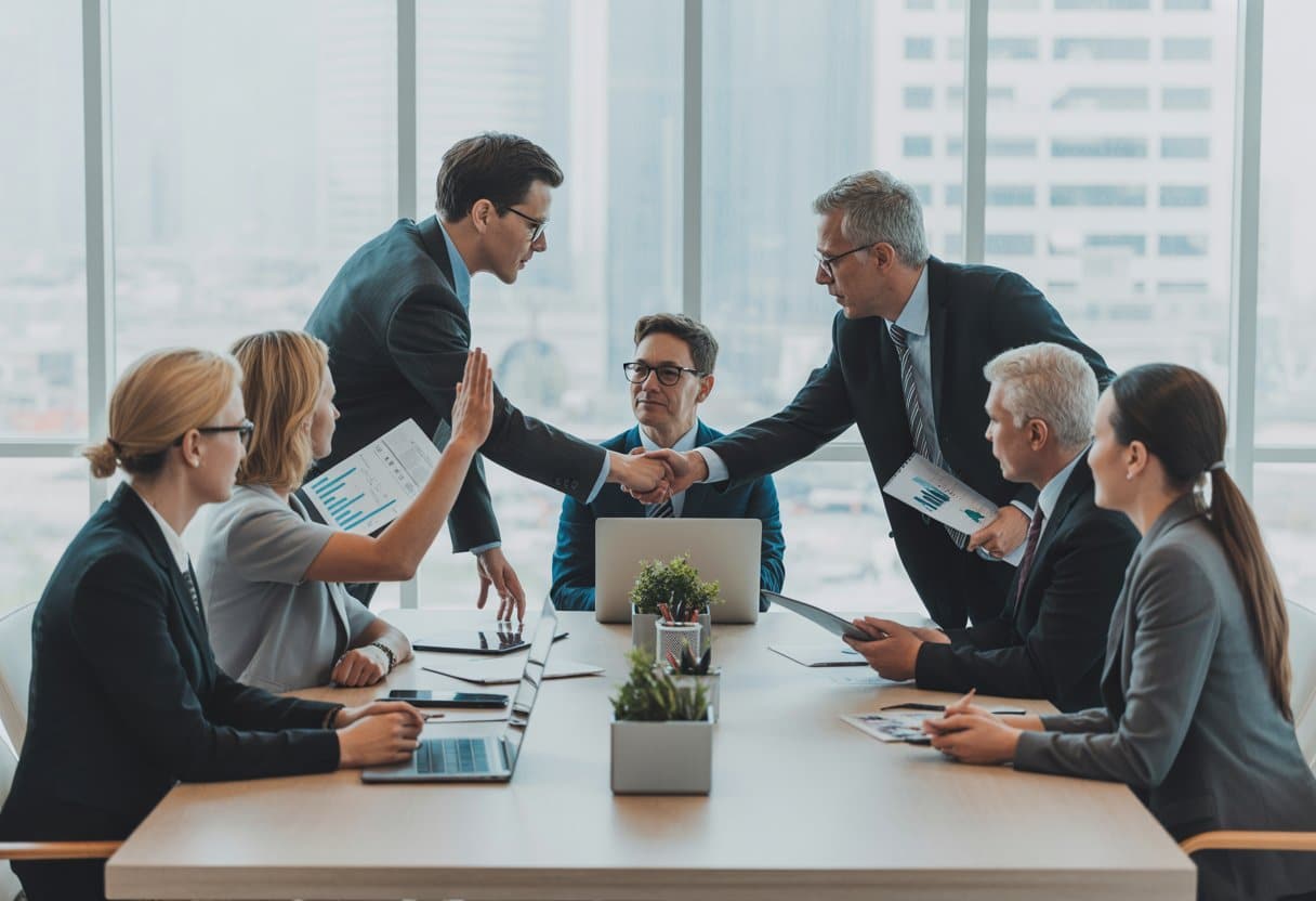 Een groep aandeelhouders bespreekt documenten en werkt samen aan een tafel in een kantoor.