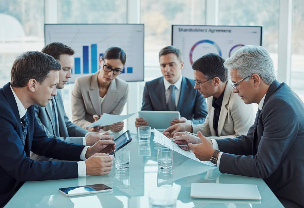Zakelijke vergadering met meerdere aandeelhouders die samen aan een tafel zitten en documenten bespreken in een modern kantoor.