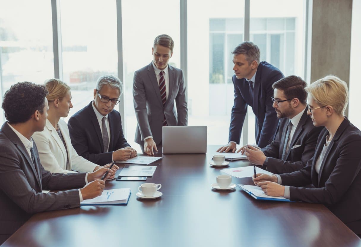 Een groep zakelijke professionals zit rond een conferentietafel in een moderne kantoorruimte en bespreekt documenten samen.