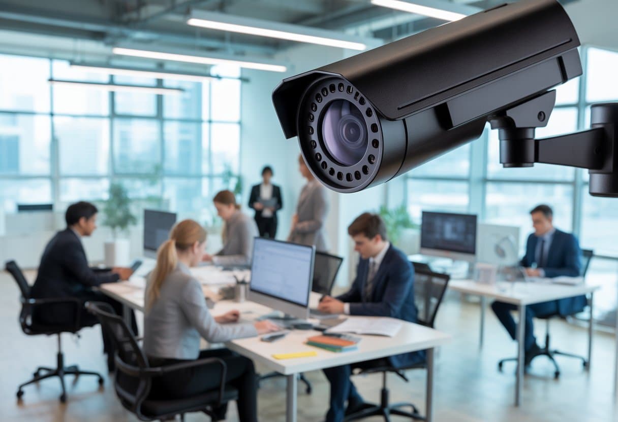 Een moderne kantoorruimte met werknemers aan hun bureaus en een beveiligingscamera in een hoek van de kamer.