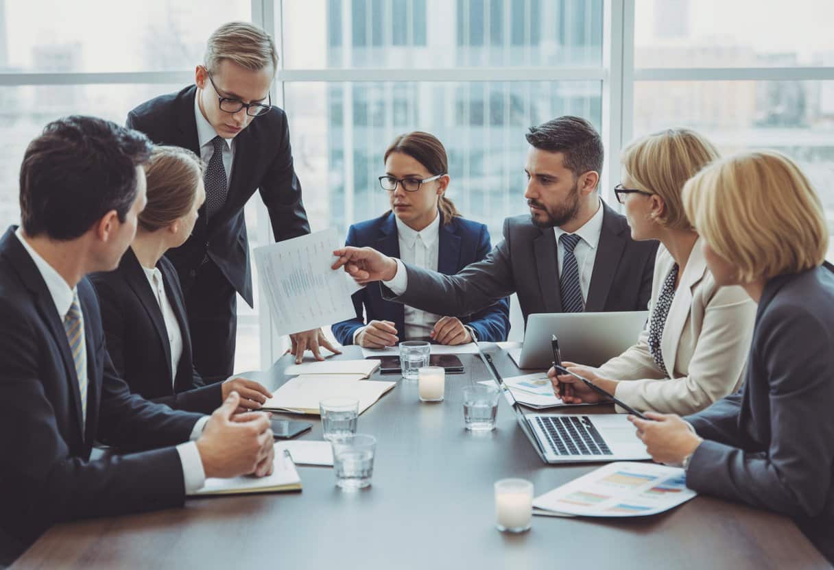 Een groep zakelijke professionals zit rond een vergadertafel en bespreekt documenten tijdens een vergadering over aandeelhoudersconflicten.