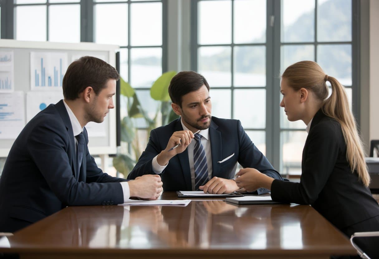 Drie zakelijke professionals zitten aan een vergadertafel in een kantoor en bespreken documenten tijdens een overleg.