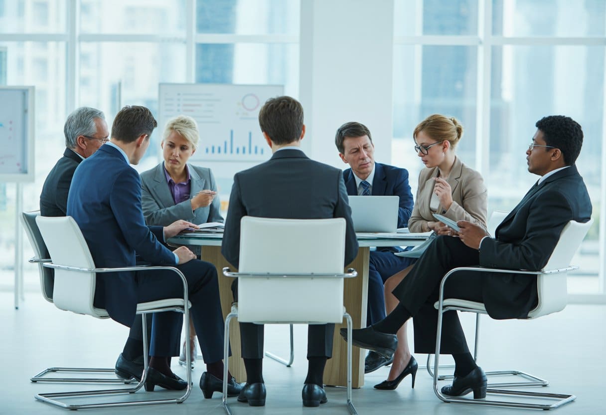 Een groep zakelijke professionals zit rond een vergadertafel in een kantoor en bespreekt een geschil tussen aandeelhouders.