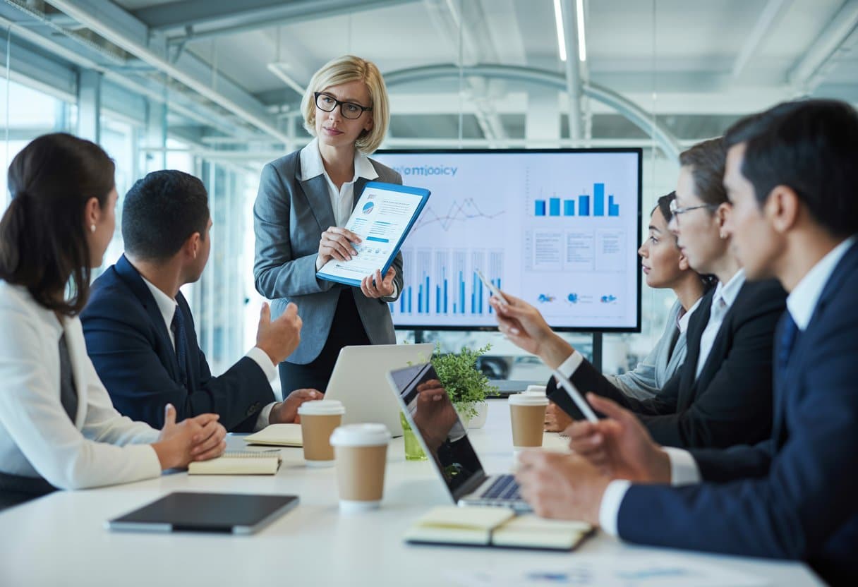 Een groep zakelijke professionals die in een moderne kantoorruimte rond een conferentietafel een compliancebeleid bespreken.