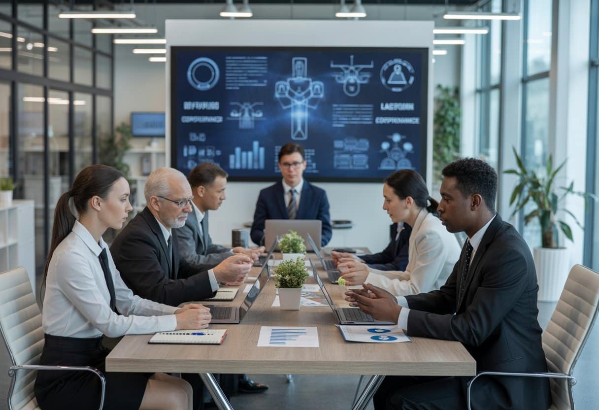 Een groep zakelijke professionals die in een vergaderruimte over naleving en beleid discussiëren.