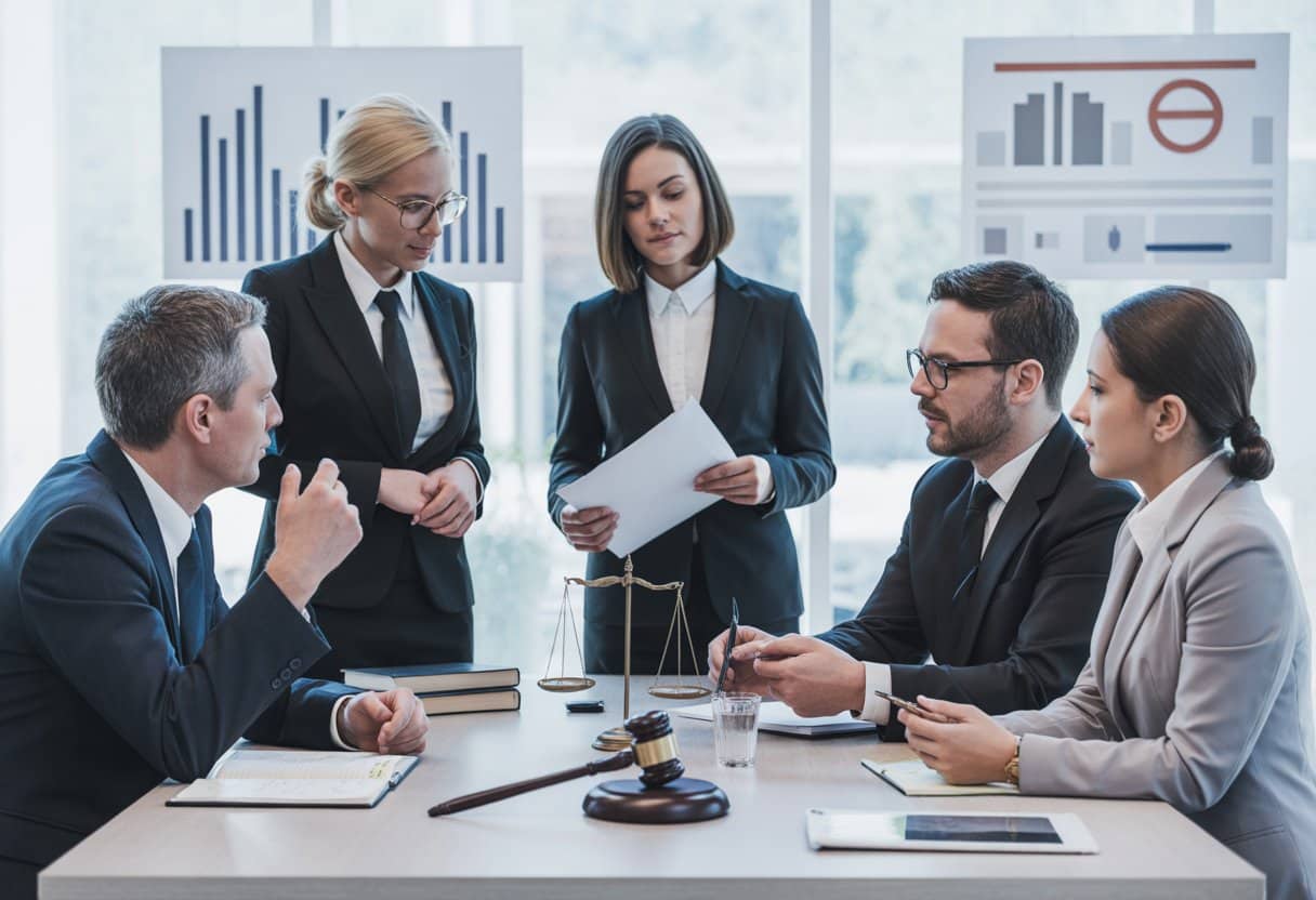 Een groep zakelijke professionals bespreekt documenten in een vergaderruimte, gericht op naleving van wettelijke verplichtingen.