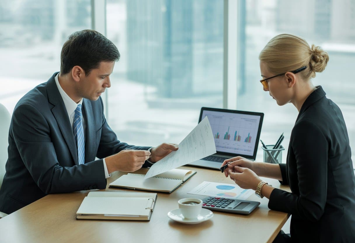 Twee zakelijke professionals bespreken documenten aan een tafel in een modern kantoor.