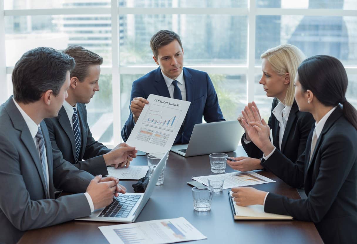 Een groep zakelijke professionals bespreekt documenten rond een vergadertafel in een modern kantoor.
