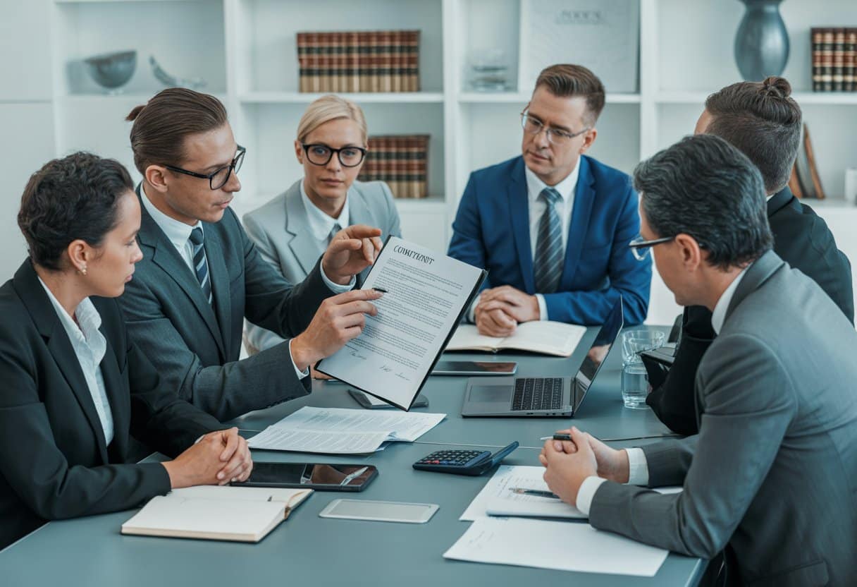 Een groep professionals bespreekt documenten rond een vergadertafel in een kantooromgeving.