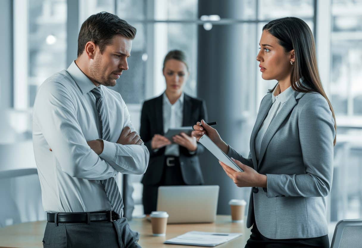 Drie kantoormedewerkers in een serieus gesprek over een arbeidsconflict in een moderne kantooromgeving.