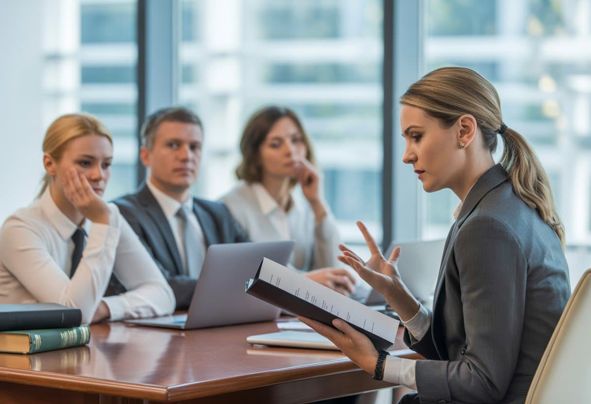 Een groep professionals in een vergaderruimte bespreekt een arbeidsconflict, met een advocaat die een werknemer adviseert.