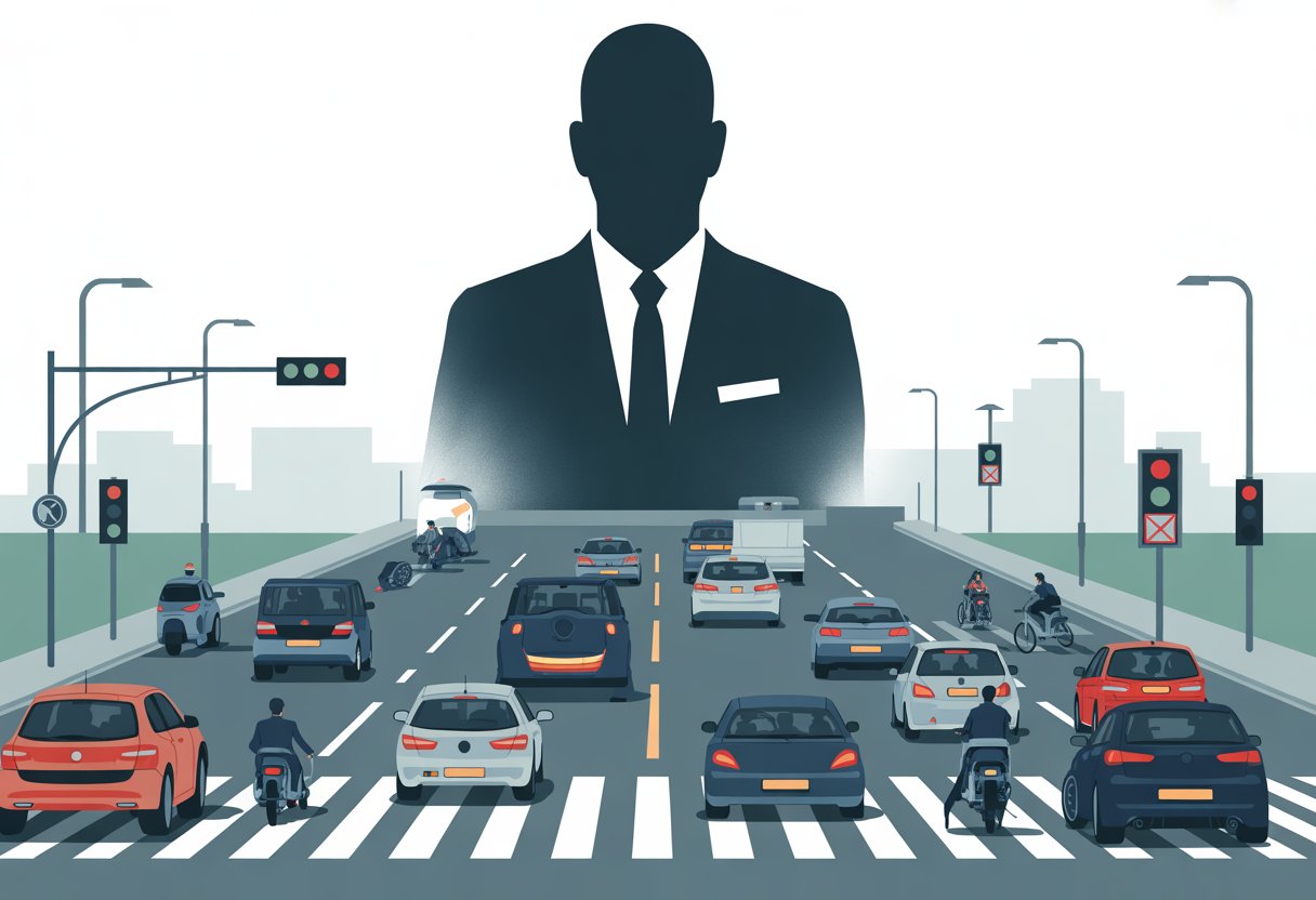 Een stedelijke straat met verschillende voertuigen die verkeersregels overtreden terwijl een grote, rustige figuur de stilte en macht van het CBR symboliseert.