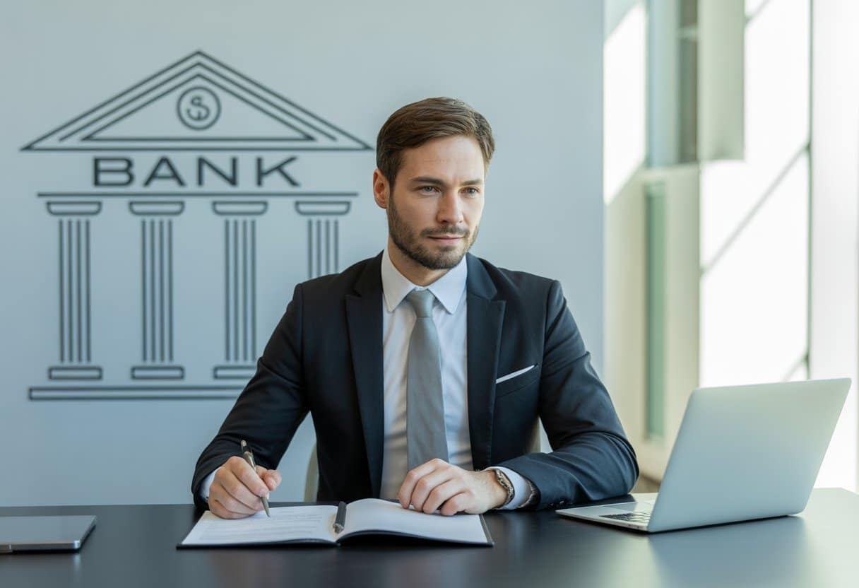 Een bankier zit aan een bureau in een modern kantoor met financiële documenten en een laptop, met op de achtergrond een bankgebouw.