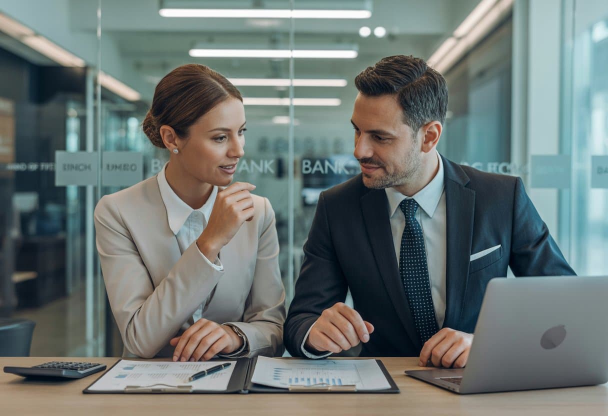 Twee zakelijke mensen bespreken financiële documenten in een moderne bankomgeving.