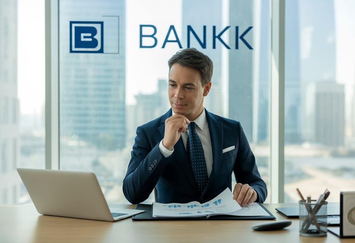 Een bankmedewerker in een modern kantoor bekijkt documenten, met een stadsgezicht op de achtergrond.