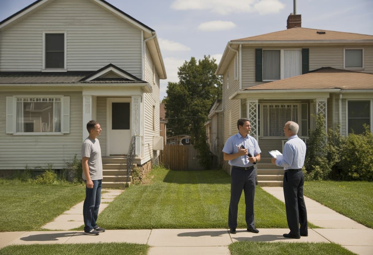 Twee naast elkaar gelegen huizen, waarbij een ambtenaar met een bewoner spreekt en bij het andere huis geen actie is.