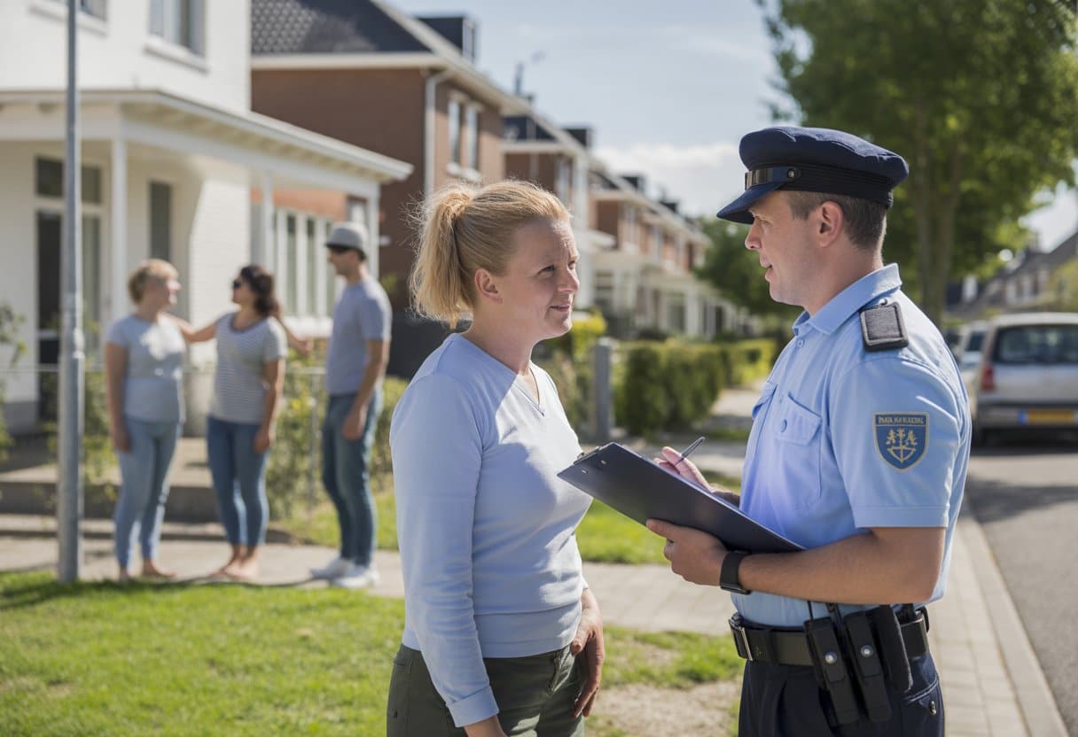 Een straat met twee huizen, waarbij een handhavingsambtenaar met een bewoner spreekt en de buren aan de andere kant ontspannen buiten staan.
