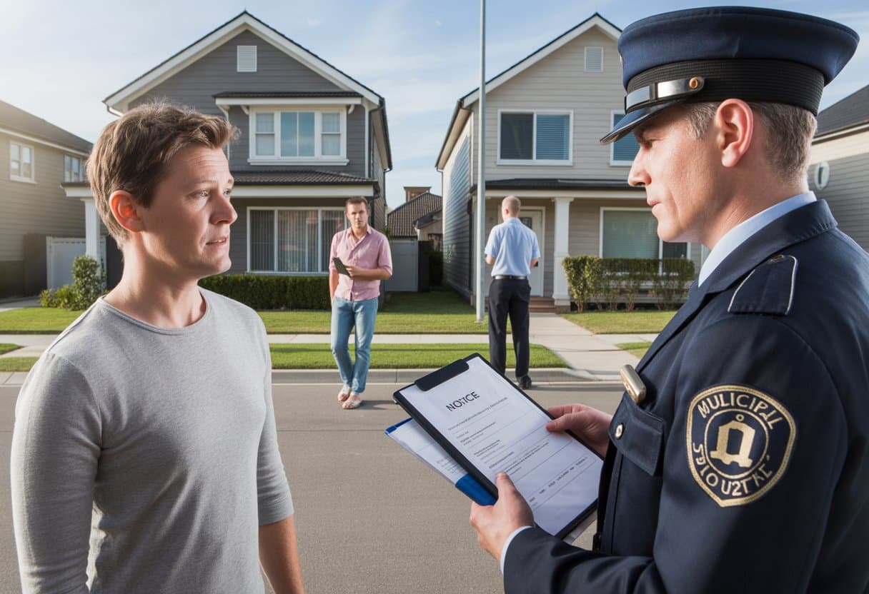 Twee naast elkaar gelegen huizen waarbij bij het ene huis een handhavingsambtenaar een bewoner aanspreekt en bij het andere huis geen actie wordt ondernomen.