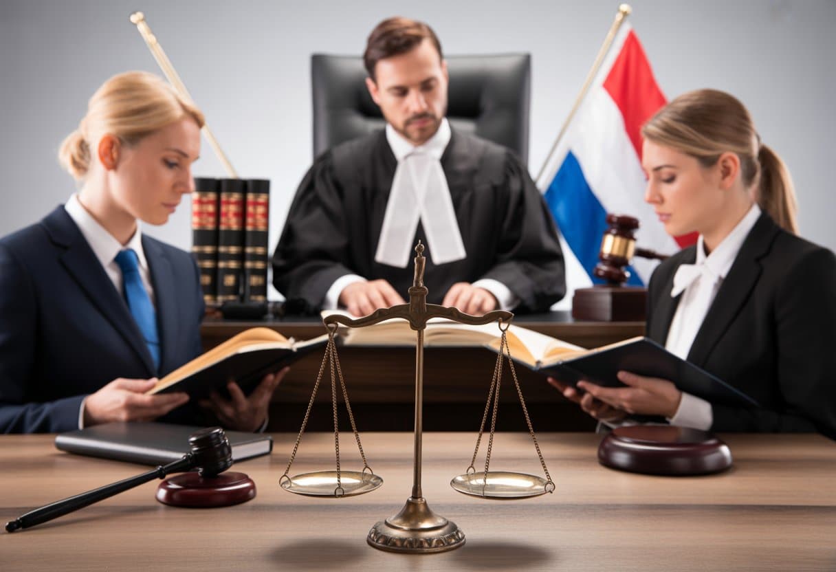 Een rechter in een rechtszaal met een weegschaal van gerechtigheid en twee juridische functionarissen die documenten bekijken, wat een juridische discussie over dubbele bestraffing uitbeeldt.